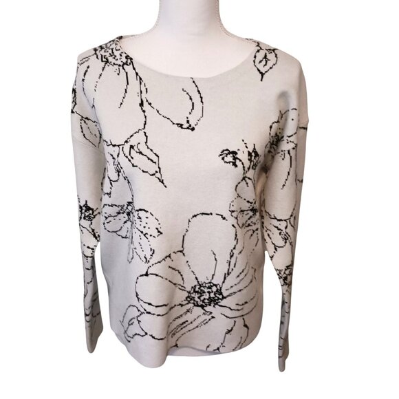 Tahari Pullover Floral Sweater Back‎ Button Detail White/Black Women's Size M - Picture 1 of 8